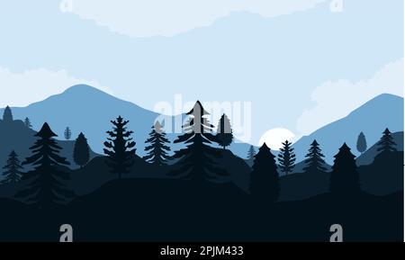 Winterlandschaft mit Pinien, Wolken und Haus. Wintertapete im flachen Design. Winterbild mit Cartoon-Style. Stock Vektor