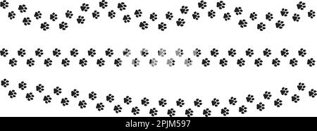 Tierspur mit Pfotenabdrücken. Hundeabdrücke auf weißem, isoliertem Hintergrund. Musterpinsel. Schwarze Fingerabdrücke von Haustier-Pfoten. Abbildung eines flachen Vektors Stock Vektor