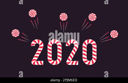 Frohes neues Jahr 2020 als Zuckerrohr und Lutscher als Feuerwerksraketen. Gilt als Teil der Grußkarte, der Einladung, des Banners oder des Kartendesigns. H Stock Vektor