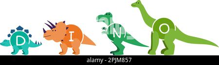 Zeichentrickfiguren von Dinosauriern – T rex usw. Cartoon-Dinosaurier für Kinderkleidung, Bekleidung, Kleidungsdruck. Geeignet als Aufkleber, Etiketten oder PA Stock Vektor