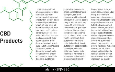 Vorlage für die Präsentation von medizinischen Hanf- und CBD-Produkten. Cannabidiol, medizinische Marihuana-Präsentation. CBD-Formel, anwendbar als Banner, Poster, Broschürenelement Stock Vektor
