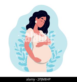 Gesunde Schwangerschaft. Eine schöne schwangere schwarze Frau umarmt ihren Bauch. Schwangerschafts- und Mutterschaftsbegriff. Gesunde Schwangerschaft. vektordarstellung für Stock Vektor