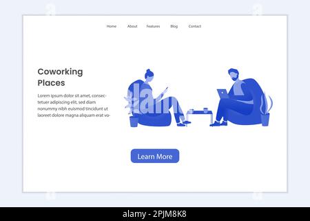 Geschäftsdarstellung auf Landing-Page. Mädchen und Typ, Leute, die in der Zusammenarbeit arbeiten. Leute sitzen auf einem Sitzsack. Business-Design-Konzept. F Stock Vektor