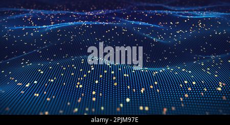 Hintergrund der Datentechnologie mit Punkten und binärem Code in 3D-Wellenlandschaft. Big Data und Wissenschaft, Computing, digitale Verarbeitung und Speicherung, virtuelle RE Stockfoto