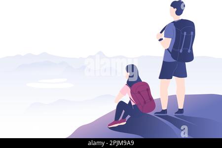 Wanderpaar, das auf dem Felsen steht und die Berge im Hintergrund betrachtet. Aktives Reisen, Tourismuskonzept. Wandertyp und -Mädchen. Aktiver Feiertag Stock Vektor