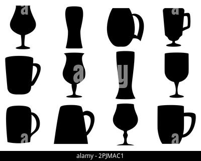 Schwarze Biergläser isoliert auf weißem Hintergrund. Biergläser Silhouetten. Biergläser in verschiedenen Formen. Design von Amphoren für Plakate, Banner Stock Vektor