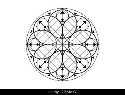 Heiliges Geometriesymbol. Logo Icon Geometrische mystische Mandala der Alchemie esoterische Blume des Lebens. Mystische Pfeile des Glücks, schwarze Vektortätowierung göttlich Stock Vektor