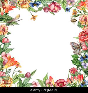 Handgezeichneter, wasserfarbener Frühlingsgarten voller Blumen, quadratischer Rahmen. Aquarell-Darstellung für Sammelalben. Handgezeichneter Cartoon-Hintergrund mit Blumen Stockfoto