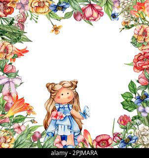 Quadratischer Blumenrahmen in Aquarellfarben im Cartoon-Stil mit einer süßen Mädchen-Puppe in einem Kleid. Handgezeichneter Cartoon-Hintergrund mit Blumenprinzessin und gelber Blume Stockfoto