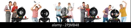 Collage mit Fotos von Mann und Frau, die auf einem Grill vor weißem Hintergrund kochen. Bannerdesign Stockfoto