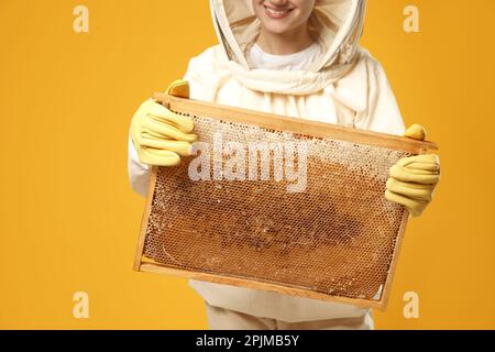 Imker in einheitlichem Halterahmen mit Wabenstruktur auf gelbem Hintergrund, Nahaufnahme Stockfoto