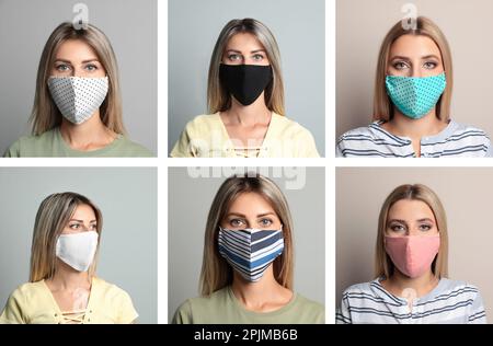 Collage mit Fotos von Frauen, die Gesichtsschutzmasken auf hellgrauem Hintergrund tragen Stockfoto