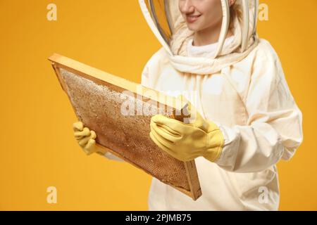 Imker in einheitlichem Halterahmen mit Wabenstruktur auf gelbem Hintergrund, Nahaufnahme Stockfoto