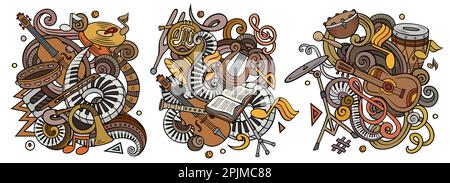 Klassische Musik Cartoon Vektor Doodle Designs gesetzt. Farbenfrohe, detailreiche Kompositionen mit vielen musikalischen Objekten und Symbolen. Isoliert auf weißer Illustration Stock Vektor
