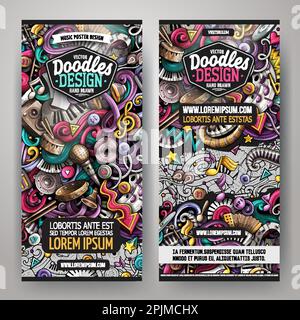 Cartoon Vektor Doodle Satz von Musik Banner Vorlagen. Corporate Identity für die Verwendung auf Einladungen, Karten, Apps, Branding, Flyern, Grußkarten, po Stock Vektor