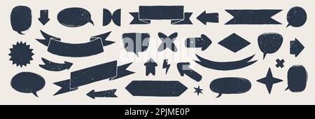 Retro-Flagge und Banner mit Farbband. Handgezeichnete, texturierte Abzeichen, Banner, Band, Flagge und andere Designelemente im Vintage-Stil. Handgezeichneter Infografik-Vektor Stock Vektor