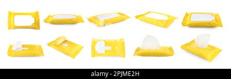 Set with packs of wet wipes on white background. Banner design Stockfoto