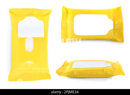 Set with packs of wet wipes on white background Stockfoto