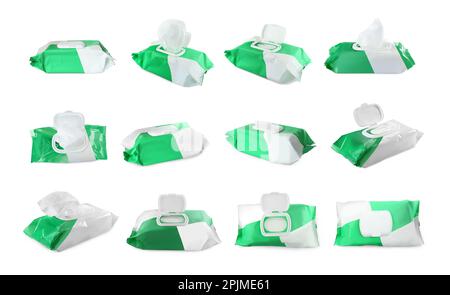 Set with packs of wet wipes on white background Stockfoto