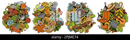 Picknick Cartoon Vektor Doodle Designs Set. Farbenfrohe, detailreiche Kompositionen mit vielen Lebensmitteln und Naturobjekten und Symbolen. Alle Elemente sind getrennt Stock Vektor