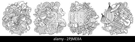 Picknick-Cartoon-Vektor-Doodle-Design-Set. Skizzierte, detaillierte Kompositionen mit vielen Lebensmitteln und Naturobjekten und Symbolen. Alle Elemente sind separat Stock Vektor