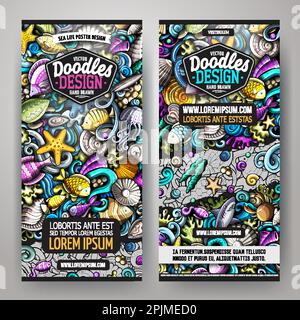 Cartoon-Vektor, handgezeichnet unter Wasser, Sealife kritzeln Corporate Identity. 2 vertikales Bannerdesign. Vorlagensatz Stock Vektor