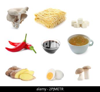 Set mit leckeren Zutaten für Ramen auf weißem Hintergrund Stockfoto