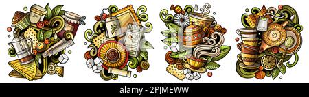 Teetime Cartoon-Vektor-Doodle-Design-Set. Farbenfrohe, detaillierte Kompositionen mit vielen Getränkeartikeln und Symbolen. Isoliert auf weißen Illustrationen Stock Vektor