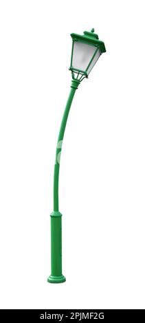 Wunderschöne grüne Straßenlampe auf weißem Hintergrund Stockfoto