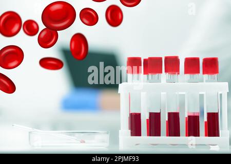 Reagenzgläser mit Blutproben im Labor und Darstellung von Erythrozyten Stockfoto
