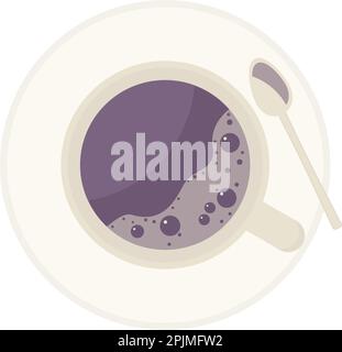 Kaffeetasse mit Untertasse und Löffel, Draufsicht. Leckerer Kaffee oder Tee. Warme Farben. Morgenkaffeetasse mit Luftblasen. Abbildung eines flachen Vektors Stock Vektor