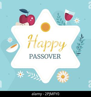 Happy Passover Jüdischer Feiertag, lasst uns Seder Pesach feiern, Grußkarte mit traditionellen Ikonen. schrift, tora, Blumen und Blätter, Symbole Stock Vektor