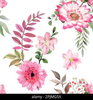 Rosafarbenes Aquarell Blumen und Blätter nahtloses Muster auf weißem Hintergrund. Vektorabbildung Stock Vektor