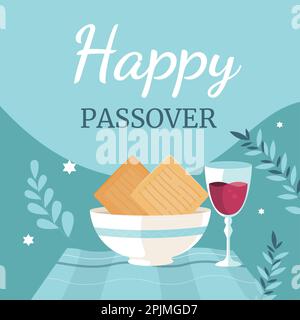 Happy Passover Jüdischer Feiertag, lasst uns Seder Pesach feiern, Grußkarte mit traditionellen Ikonen. schrift, tora, Blumen und Blätter, Symbole und IC Stock Vektor