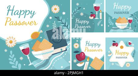 Happy Passover Jüdischer Feiertag, lasst uns Seder Pesach feiern, Grußkarte mit traditionellen Ikonen. schrift, tora, Blumen und Blätter, Symbole und IC Stock Vektor