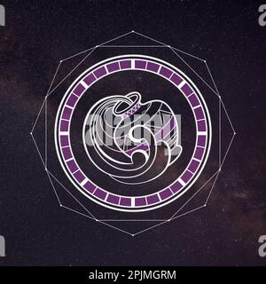 Aquarius zodiac Schild und wunderschöner Blick auf den Sternenhimmel bei Nacht. Illustration Stockfoto