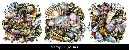 Massage-Cartoon-Vektor-Doodle-Design-Set. Farbenfrohe, detaillierte Kompositionen mit vielen Objekten und Symbolen im Spa-Salon. Isoliert auf weißen Illustrationen Stock Vektor