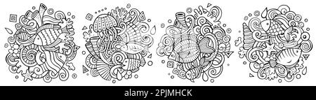 Unterwasserwelt Cartoon-Vektordesign-Set. Skizzieren Sie detaillierte Kompositionen mit vielen Sealife-Objekten und -Symbolen Stock Vektor