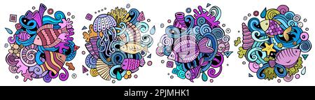 Unterwasser Leben Cartoon Vektor Doodle Designs Set. Farbenfrohe, detailreiche Kompositionen mit vielen Sealife-Objekten und Symbolen. Isoliert auf weißer Illustration Stock Vektor