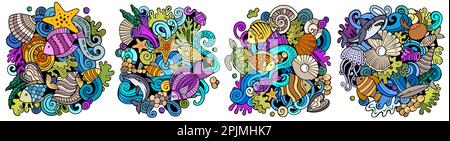 Unterwasser Leben Cartoon Vektor Doodle Designs Set. Farbenfrohe, detailreiche Kompositionen mit vielen Sealife-Objekten und Symbolen. Isoliert auf weißer Illustration Stock Vektor
