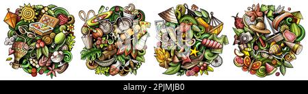 Sommer Cartoon Vektor Doodle Designs Set. Farbenfrohe, detailreiche Kompositionen mit vielen sommerlichen Objekten und Symbolen. Isoliert auf weißen Abbildungen Stock Vektor
