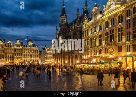 Gildenhäuser (links) und Brüsseler Stadtmuseum (Zentrum) auf dem zentralen Platz des Grand Place in Brüssel, Belgien. Stockfoto