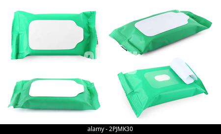 Set with packs of wet wipes on white background Stockfoto