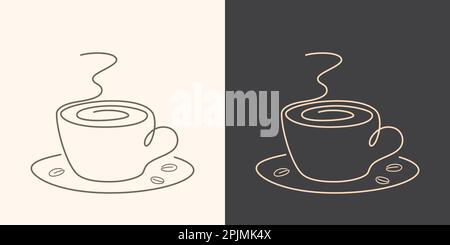 Kaffeetasse auf Untertasse in handgezogenem, kontinuierlichem Stil. Doodle Illustration. Heißer Kaffee mit Dampf und Bohnen auf verschiedenen Hintergründen. Von Hand gezogene Linie st Stock Vektor
