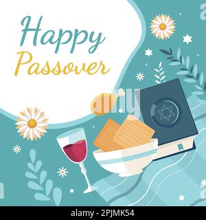 Happy Passover Jüdischer Feiertag, lasst uns Seder Pesach feiern, Grußkarte mit traditionellen Ikonen. schrift, tora, Blumen und Blätter, Symbole Stock Vektor