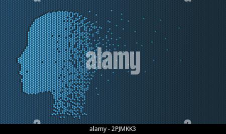Illustration der künstlichen Intelligenz. Digitaler Kopf von Menschen oder Robotern, geformt aus Pixeln. Computerdatentechnisches Konzept. Roboterkopf oder Fläche si Stock Vektor
