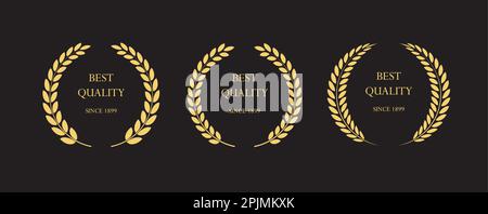 Goldenes Lorbeerkranz-Symbol, Emblem. Laurel wird als hochwertiges Schild mit der Aufschrift „beste Qualität“ verwendet. Hochwertiges Produkt, Etikett. Gold Laureate Award, Abzeichen, Medaille V Stock Vektor