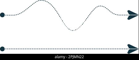 Ein Papierflugzeug, das den gepunkteten Weg entlang fliegt. Reise, Versand, Auslieferung oder Tourenkonzept. Flugzeug gestrichelte Route. Gekrümmte und gerade Bahn. Vektor krank Stock Vektor