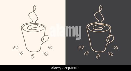 Kaffeetasse oder Tasse in handgezeichneter, durchgehender Form. Doodle Illustration. Heißer Kaffee mit Dampf und Bohnen auf verschiedenen Hintergründen. Handgezeichnete Linie Stock Vektor