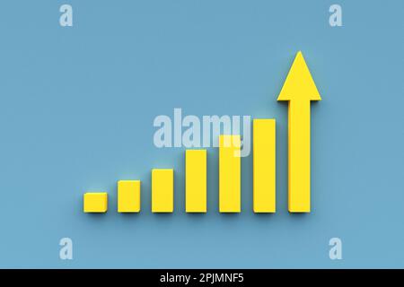 Aufsteigendes Balkendiagramm mit Aufwärtstrend. Diagramm wird vergrößert. Geschäftsverbesserung und finanzielle Entwicklung. 3D-Rendern. Stockfoto